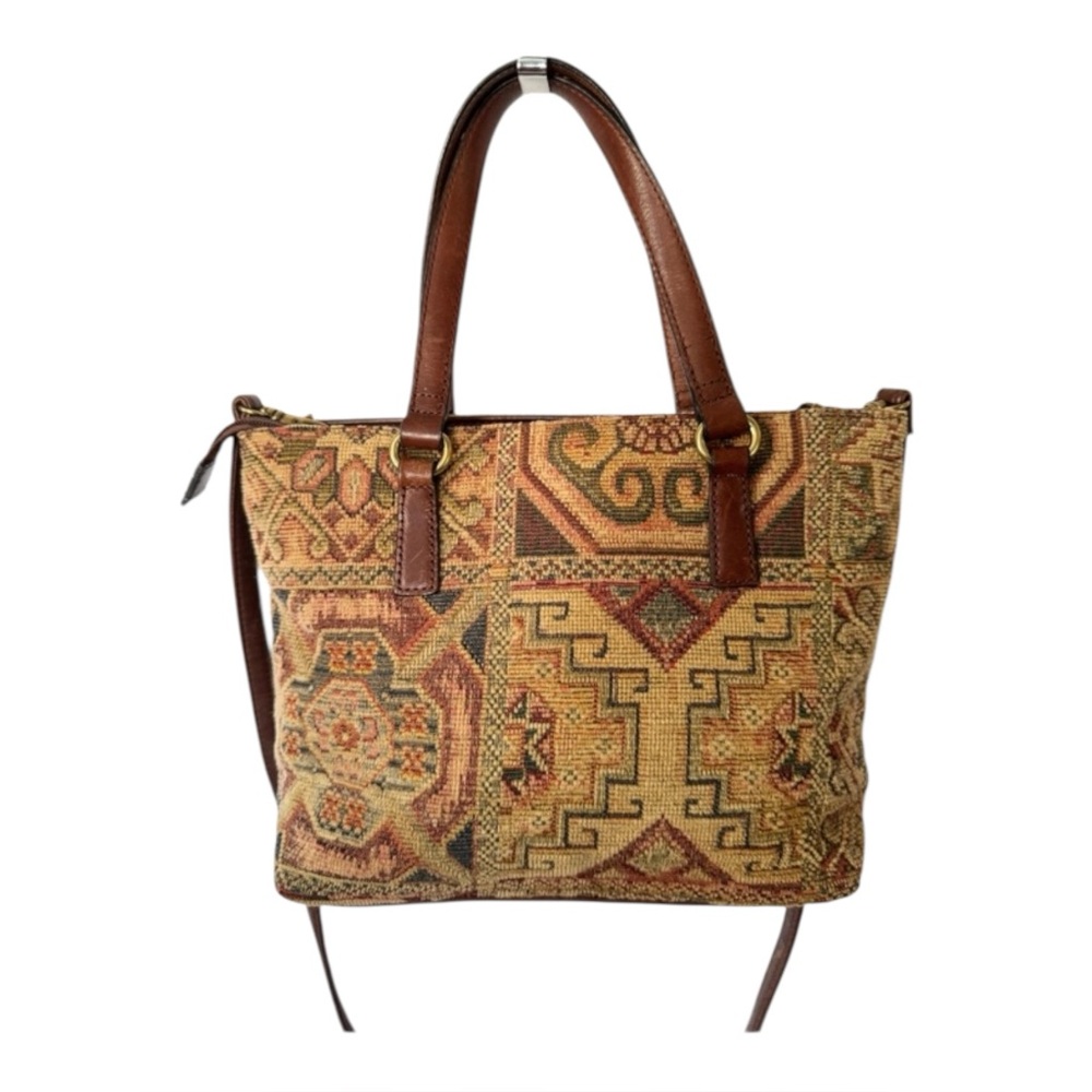 Fossil EUC Tapestry-Pattern Brown Leather Handle Crossbody w Key Bag Charm